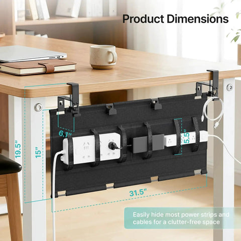 Under Desk Cable Management Tray 31.5 Inches No Drill Clamp Mount Wire Organizer beneath wooden desk with power strips and cables