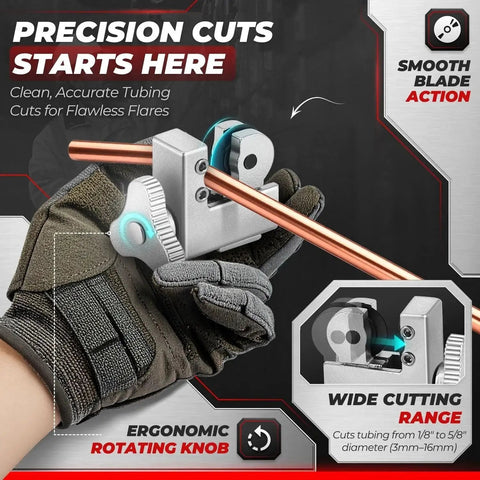 Person using Brake Line Flare Tool Kit Cutter 45 Flare Single and Double 1/8 to 5/8 Tubing on copper pipe