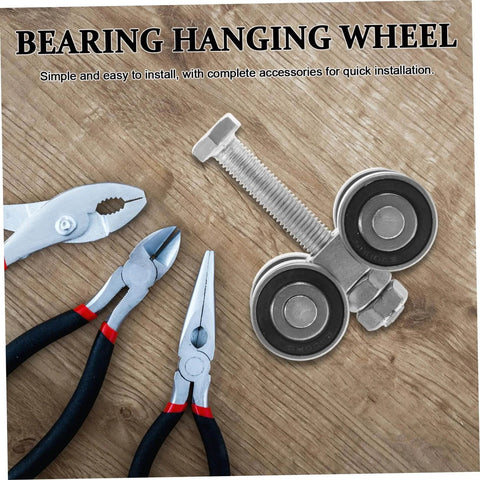 Stainless Steel Double Bearing Sliding Door Caster Wheel Kit with installation tools on a wooden surface