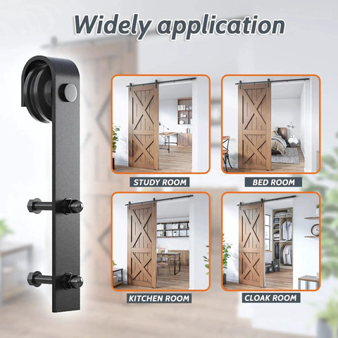 Nine Foot Single Sliding Barn Door Hardware Kit With Track For Quiet Smooth Operation, suitable for various room types.
