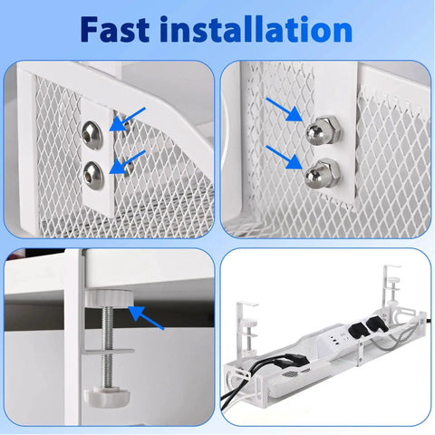 Installation of Massive 25 Point 3 Inch Under Desk Cable Management Box Clamp Mounted Cord Organizer Tray for office and home.