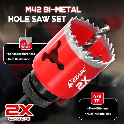 Heavy Duty Bi Metal Hole Saw Kit With 16 Piece Set From 3/4 Inch To 2-1/2 Inch Featuring Mandrels Drill Bits Installation Plate And Hex Key In Rugged Storage Case Built For Wood Metal Plywood PVC Board, red bi-metal hole saw close-up with teeth detail and drill bit.