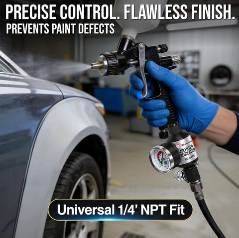 LE LEMATEC spray gun regulator with gauge and water separator, 1/4 in NPT inline air filter and dryer for paint guns.