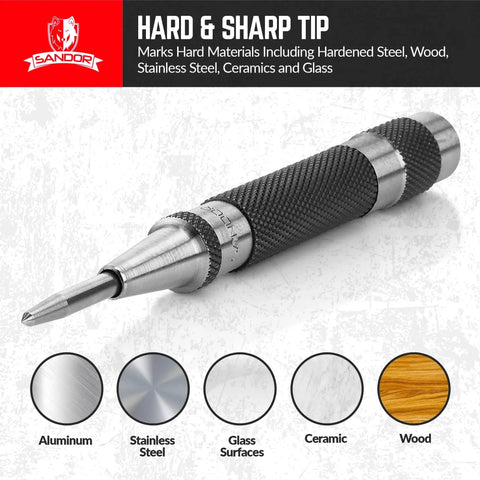 Heavy Duty Automatic Center Punch Set 2 Pack with Hardened Steel Spring Loaded Mechanism shown, ideal for various materials.