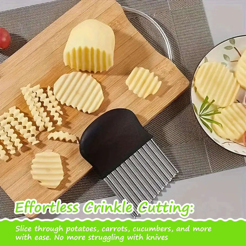 Large Wavy Crinkle Cutter For Potatoes Vegetables And Fruits With Stainless Steel Blade And Easy Plastic Handle Perfect For French Fries Salad Garnishing And Quick Kitchen Hack For Home Cooks on a cutting board with sliced potatoes