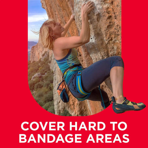 Woman climbing rock face emphasizing use of Flexible Fabric Adhesive Bandages For Minor Wounds, Sterile Cushioned Comfort Pad, Band-Aid Brand