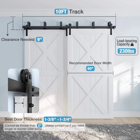 10 Foot Double Track Bypass Sliding Barn Door Hardware Kit For Two Doors With I Shape Hangers installed on white doors