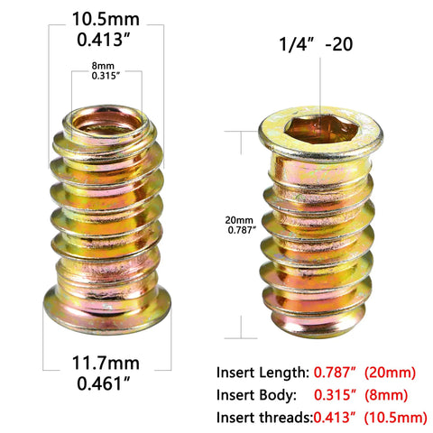One Quarter Inch Twenty Threaded Wood Inserts Kit for Furniture Repair showing insert dimensions and details.