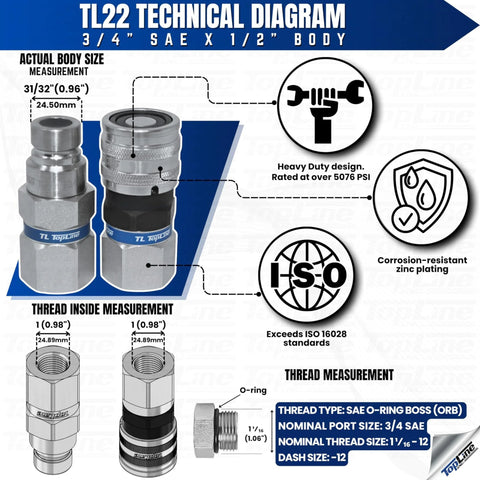 Hydraulic quick-connect coupler set, 1/2 in body with 3/4 in SAE ORB thread, flat-face, ISO 16028, dust caps (TL TopLine).