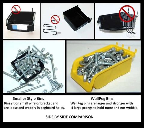 Comparison of smaller style bins and WallPeg bins for Pegboard Bin Kit For Garage And Workshop Organization, 9 Durable Plastic Bins Sized 4 X 7 X 3 Inches.