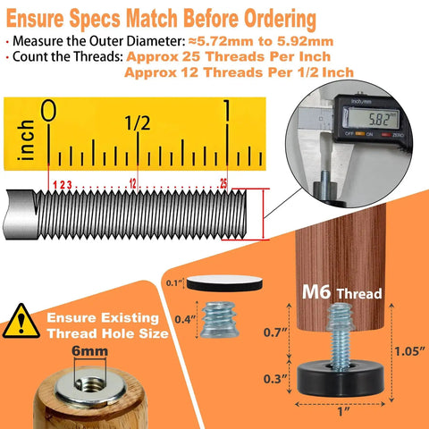 Measurement guide for 24 Pack M6 Thread Adjustable Furniture Levelers with Self Adhesive Felt Pads, highlighting thread size and compatibility.