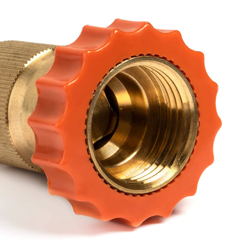 Inline RV water filter pressure regulator fitting with orange knob and brass threaded connector