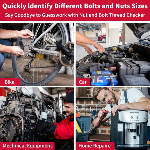 Pro Grade Thread Checker For Bolts And Nuts Identifies 30 SAE And Metric Sizes Includes 19 Standard And 17 Metric Drill Bit Gauges Quick Bolt Size Finder For M2x0.4 To M14x2.0 in use for bike and car repairs.