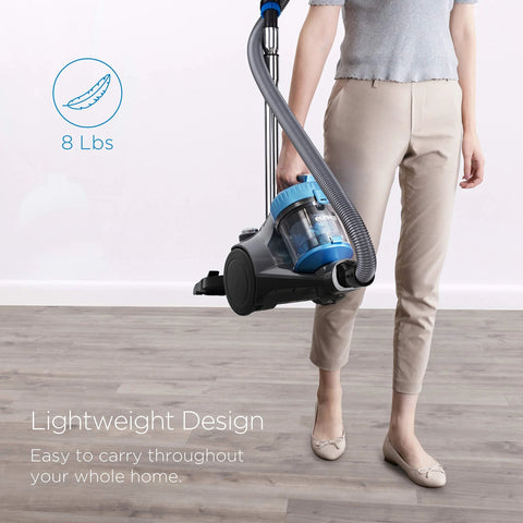 Eureka bagless canister vacuum cleaner, blue canister, lightweight design for carpets and hard floors.