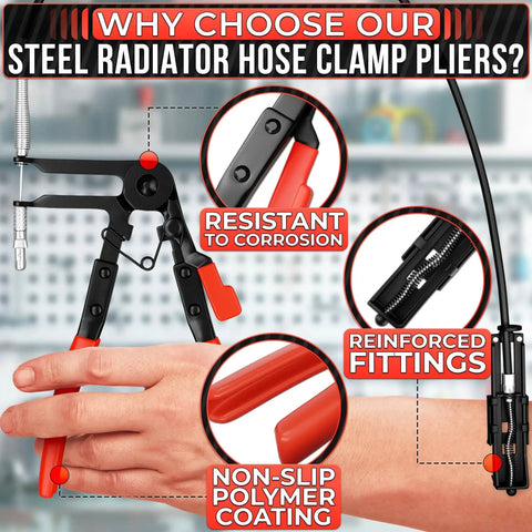 Radiator Hose Clamp Tool With Ratchet Locking Pliers For Easy One-Hand Operation, steel material with red handles
