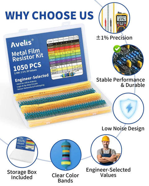 Avelis metal film resistor kit, 1050 pcs, 30 values, 1/4W ±1% resistors, storage box included
