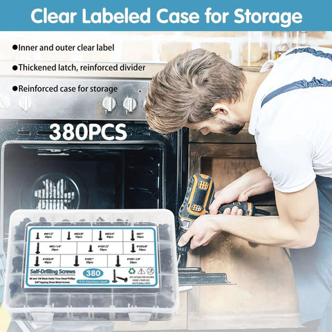 Man using drill near Stainless Steel Self Tapping Screws Kit With 380 Pieces Black Oxide TEK Screws For Metal in labeled case