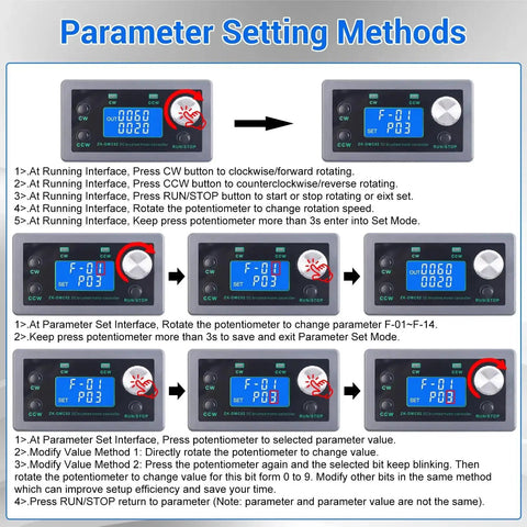 Instructions for PWM DC Motor Speed Controller 12V To 30V 10A Variable Speed Regulator settings with forward and reverse control module.
