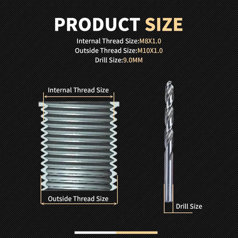 Pro Grade M8x1.0 Thread Repair Kit with internal and outside thread size details, including 9.0mm drill.