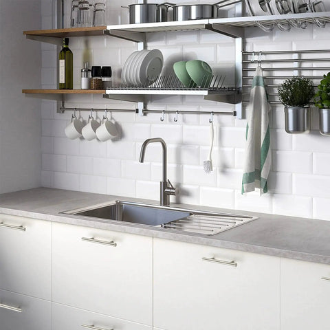 Modern kitchen with 30 Pack 6 Inch Cabinet Pulls In Brushed Nickel Stainless Steel For Kitchen Cupboards And Cabinets, 3.5 Inch Center To Center Hole Spacing, featuring a sleek sink and open shelving.