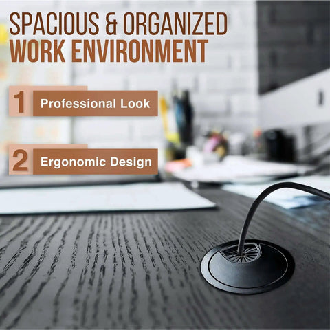 Metal Desk Grommet 2 Inch Pack Of 2 Flat Black Zinc Alloy Cable Hole Cover installed on desk for wire organization