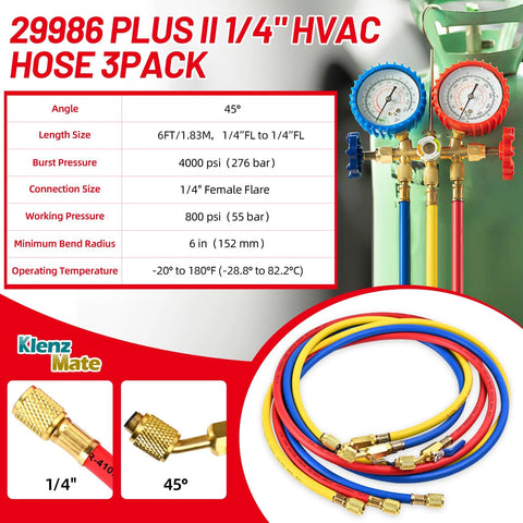 Klenz Mate HVAC hose set 29986 Plus II, 1/4in flare fittings, 3-pack in yellow, red, blue