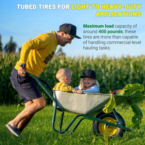 Man pushing wheelbarrow with children, showcasing 2-Pack 4.80 4.00-8 Inch Tire And Wheel Set for wheelbarrows and garden carts.