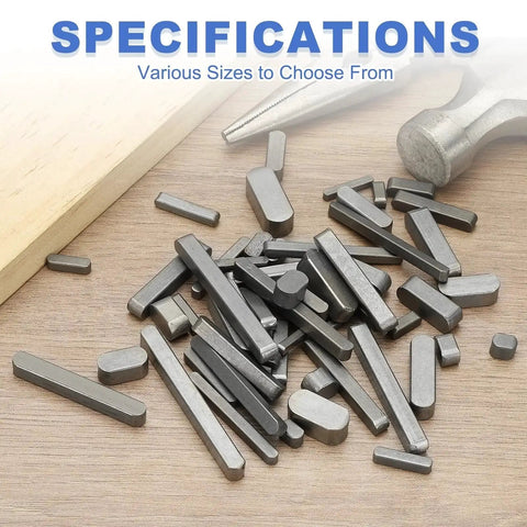 Round Ended Feather Key 25x5x5 Millimeter Set Of 5 Carbon Steel Parallel Drive Shaft Keys on wooden surface with hammer in background
