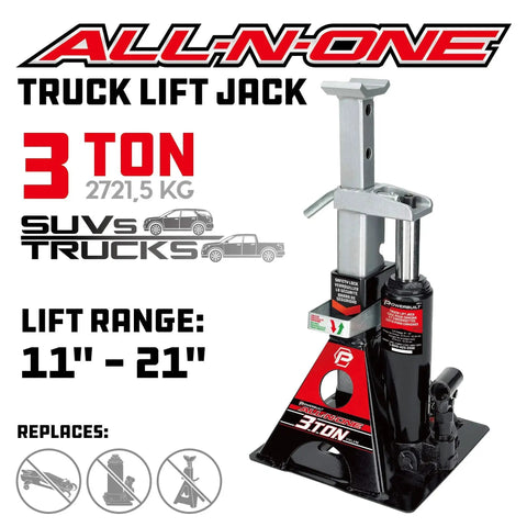 3 Ton All In One Hydraulic Bottle Jack And Jackstand With Ratcheting Safety Bar shown upright with specs and uses for trucks and SUVs