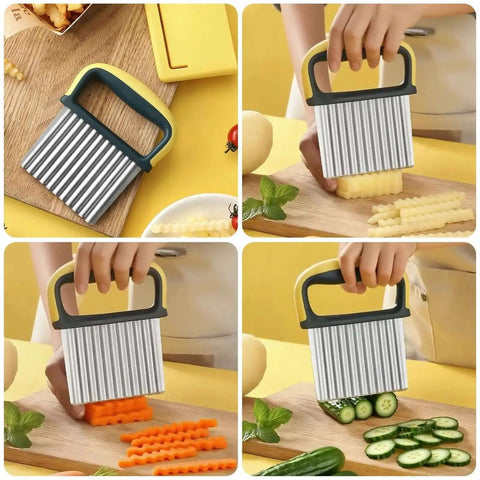 Two Pack Crinkle Cutter Set For Potatoes And Veggies Safe Wavy Slicer With Blade Cover Stainless Steel Potato Cutter in use slicing veggies and potatoes.
