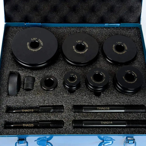 6-Piece Dimple Die Set Tool Kit for Conduit Knockouts, Pro Grade, Heavy Duty, with hole sizes 0.86 to 2.36 inches, in case view