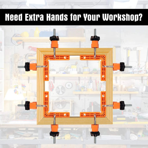 90 Degree Clamp Set With Positioning Squares Three Inch Four Inch And Two Point Three Inch Right Angle Clamp With Twelve Clamping Squares For Corner Jigs And Woodworking Projects Like Picture Frames Cabinets And Boxes Handy Pro Grade Gear For Your Shop holding a wooden square frame