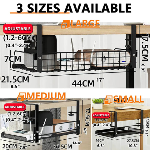 Three sizes of under desk cable management tray for cords and wires, showing large, medium, and small options.