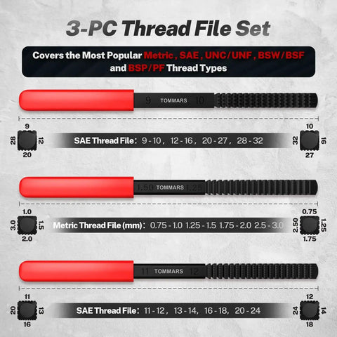 3 Piece Thread File Set for SAE and Metric External Threads Repair with sizes shown