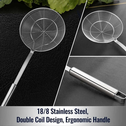 Solid Stainless Steel Spider Strainer Skimmer Ladle For Cooking And Frying with ergonomic handle, double coil design, 5.4 inch diameter