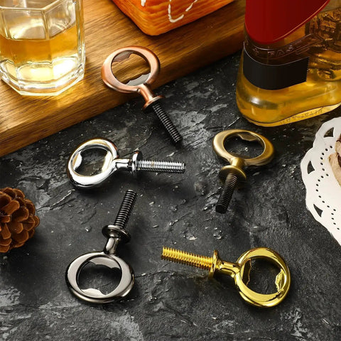 Antique Style Stainless Steel Bottle Opener Inserts Kit 10 Pieces For Wedding And Party Wine Gift DIY Projects Craft Wood Turning With Five Color Options And Blank Opener Inserts arranged on a table.