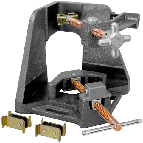 3-Axis Fixture Vise With Quick Acting Screws And Swing Away Arm, Two Stand-Offs, 3.75-Inch Miter Joint visible on table