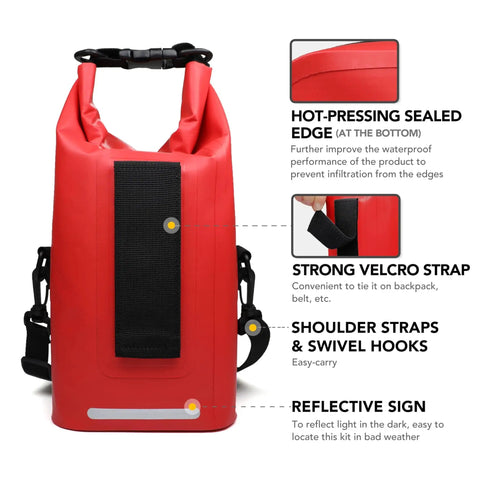 250 Piece IPX6 Waterproof First Aid Kit With Roll Top Reflective Boat Dry Bag for boating, shown with velcro strap, sealed edge