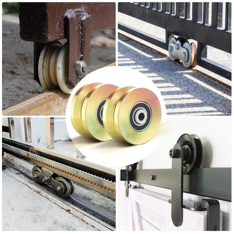 Beefy 4 Inch V Groove Gate Wheel Set For Sliding Doors With Solid V Track, Double Bearings And 3000 Lbs Capacity, Fits Inverted V Tracks