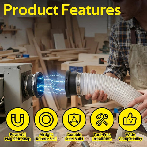 4 Inch Magnetic Dust Collection Kit With 1 Magnetic Connector 2 Steel Port Receivers 2 Rubber Hose Couplers 2 Bungee Ball Cords One To Multi System For Woodworking Shop Dust Collection installed with hose in workshop