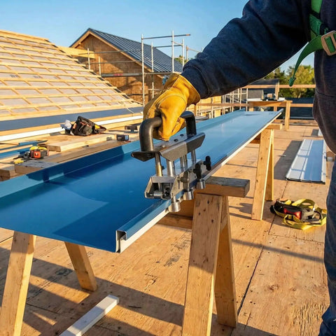 Worker using Heavy Duty Metal Sheet Roller Bender Tool For DIY Roofing And Bending Adjustable Three Station Roller on aluminum panel