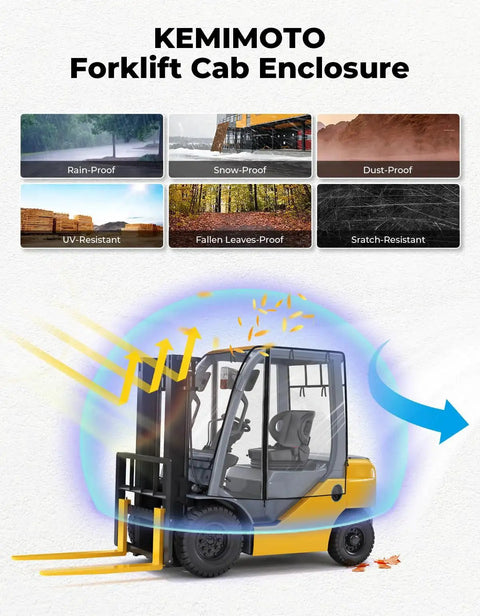 Clear Forklift Cab Cover With Rear Window Waterproof UV Shield Fits 6000 Lb installed on forklift, illustrating weather resistance