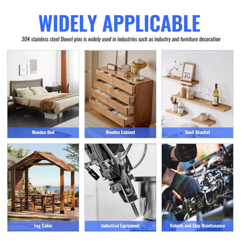 250 Pieces Stainless Steel Dowel Pins Set For DIY Shelving Cabinets Bunk Beds And Furniture Projects Featuring 10 Of Each Size From M2 To M5 Durable Rust Resistant Hardware For Pegs And Shelf Brackets in various applications like wooden beds, cabinets, and shelf brackets.