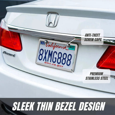 Stainless Steel License Plate Frame Set With Chrome Screw Caps Slim 2 Hole Design Rustproof Mirror Silver Finish on car