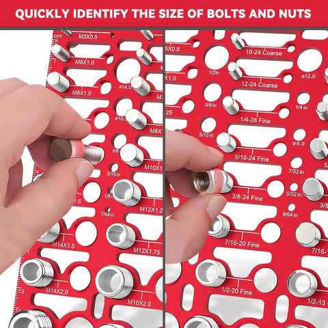 55 Thread Checker Kit For Nut And Bolt Size Finder With Standard And Metric Thread Gauges shown in use identifying bolt size