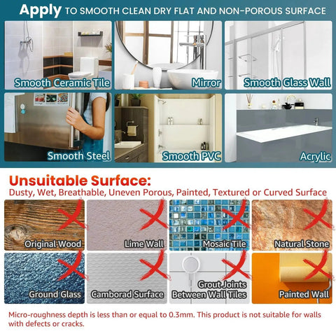 Image showing suitable surfaces for 2 Pack Suction Cup Shower Razor And Bathroom Accessory Holder, including ceramic, steel, PVC, and unsuitable surfaces like wood, mosaic.