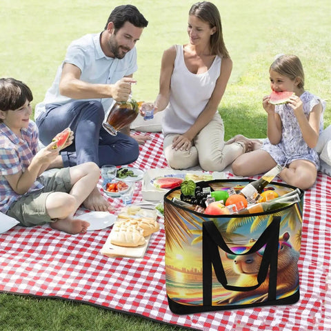 Capybara Beach Tote Bag For Women With Zipper Insulated Cooler Bag Foldable Reusable Grocery Tote for picnics and travel