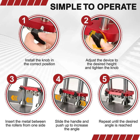 Steps to operate a Sheet Metal Roller 2 Station Bender with 0-100 degree range for roofing, showing knob installation and adjustment.