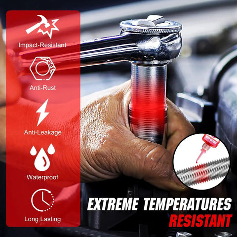 Hand using Dual Pack Blue And Red Thread Locker For Nuts Bolts And Metal Fasteners With Medium And High Strength on bolt