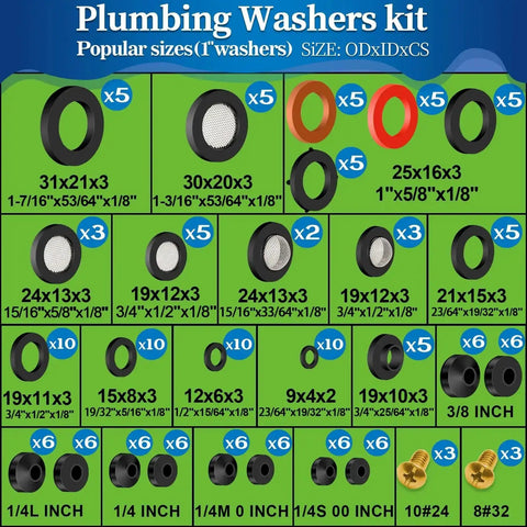 3-In-1 Spigot Repair Washers Kit With Hose Gasket And Faucet O-Rings featuring assorted sizes of plumbing rubber washers.
